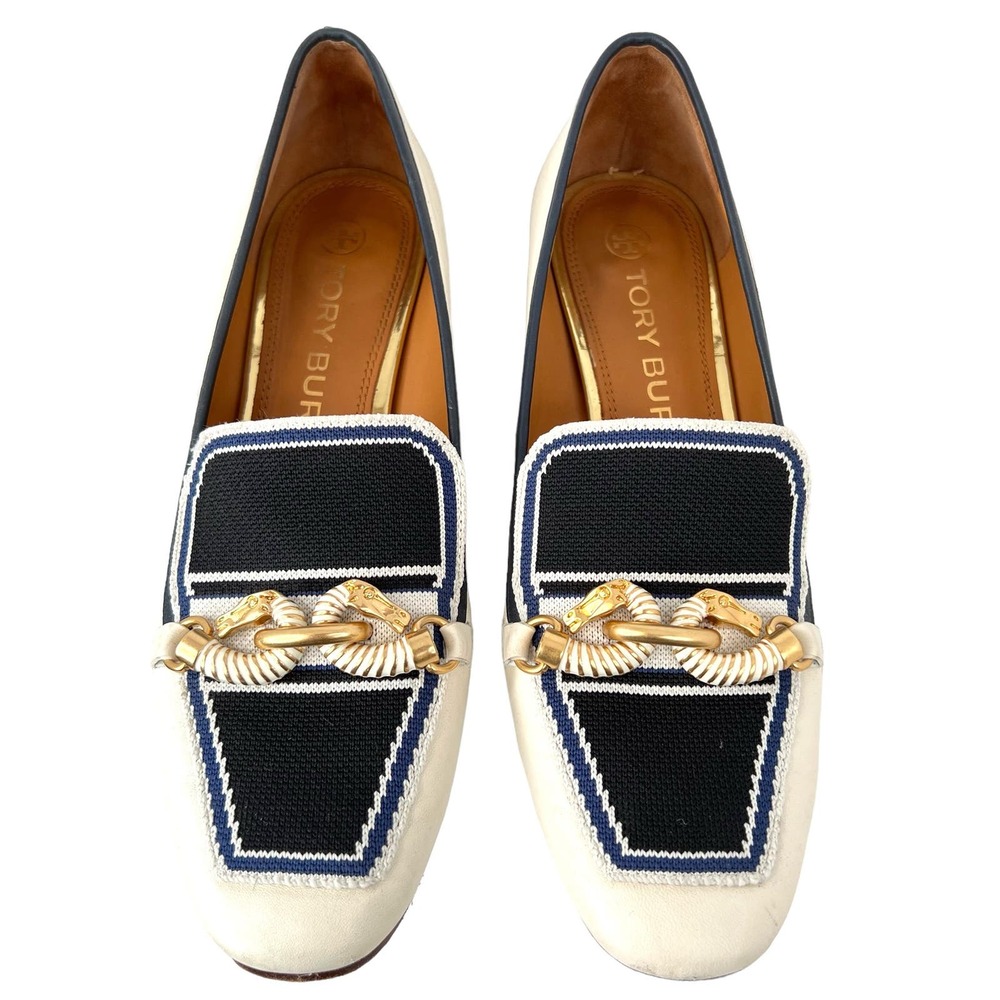 TORY BURCH Jessa 55mm Bicolor Horsebit Loafer Pumps in Ivory, Black, Blue Size 9
